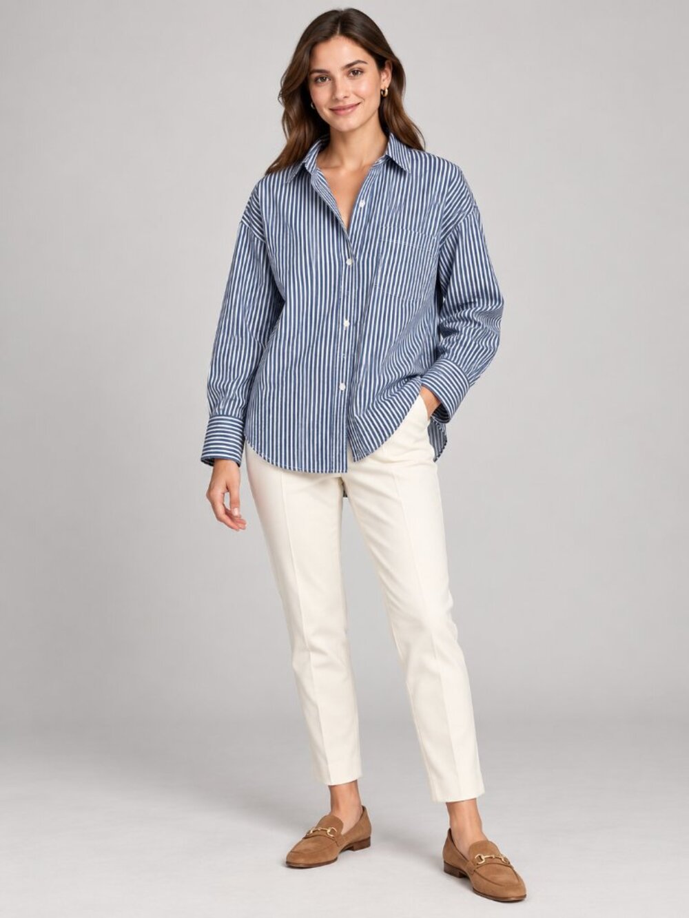 2/$30 S Blue White Striped Button Front Long Sleeve Boyfriend Shirt Chest Pocket